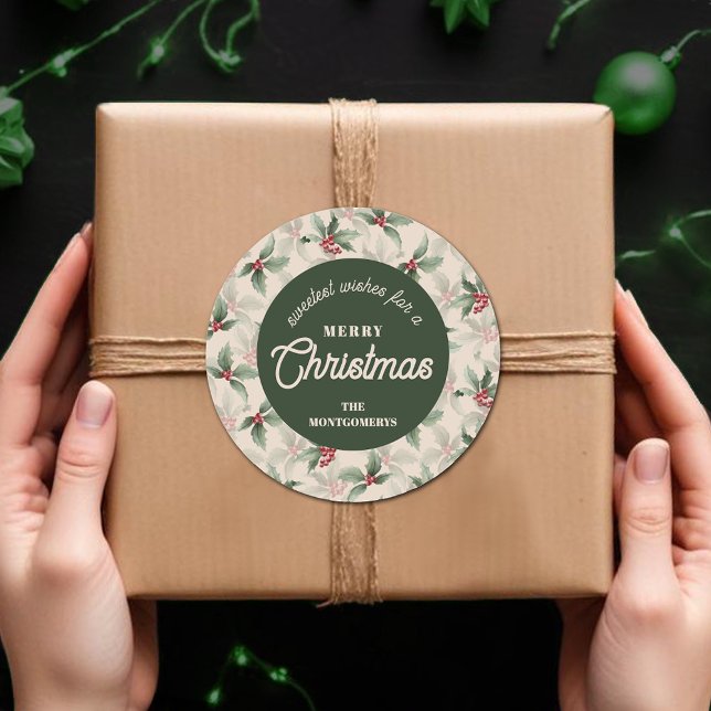 Christmas Holly Berry Homemade Food Holiday Baking Classic Round Sticker (Sweetest Wishes for a Merry Christmas holly and berries homemade food holiday baking round stickers)