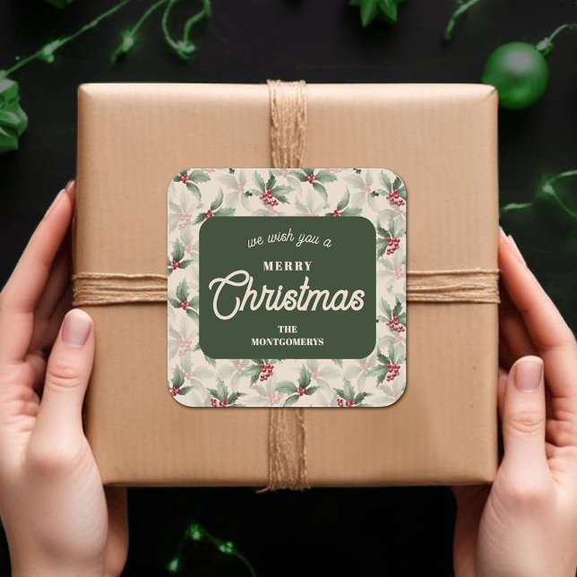 Christmas Holly Berry Homemade Food Holiday Baking Square Sticker (We Wish you a Merry Christmas holly and berries homemade food holiday baking square stickers)