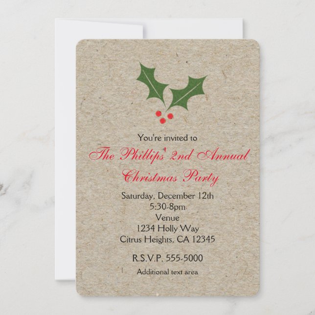 Christmas Holly Berry Kraft Holiday Invitations (Front)