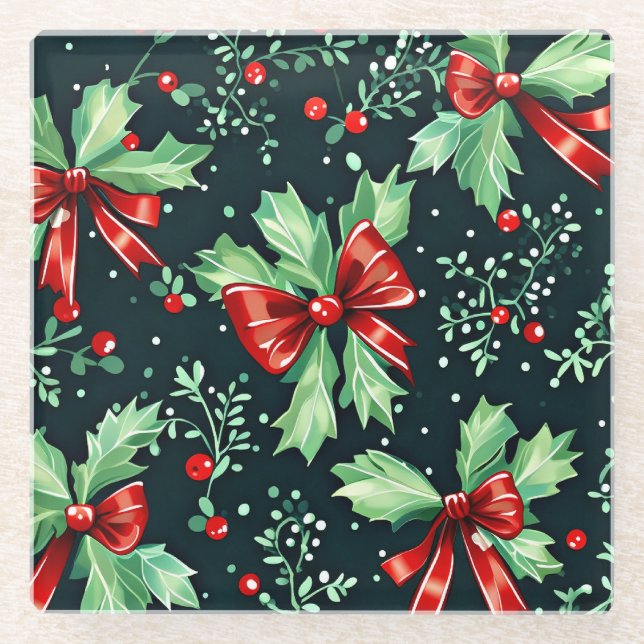 Christmas Holly Berry Pattern Glass Coaster (Front)