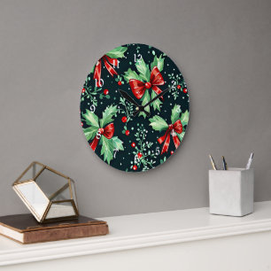 Christmas Holly Berry Pattern Large Clock