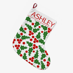 Christmas holly berry pattern red, green and name large christmas stocking