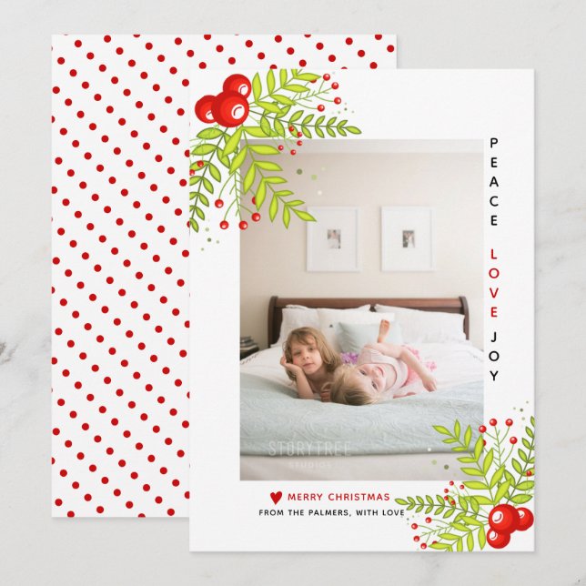 Christmas holly berry Peace Love Joy photo Holiday (Front/Back)