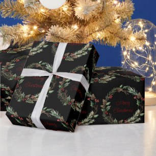 Christmas Holly Berry Pine Cones Wreath Black  Wrapping Paper