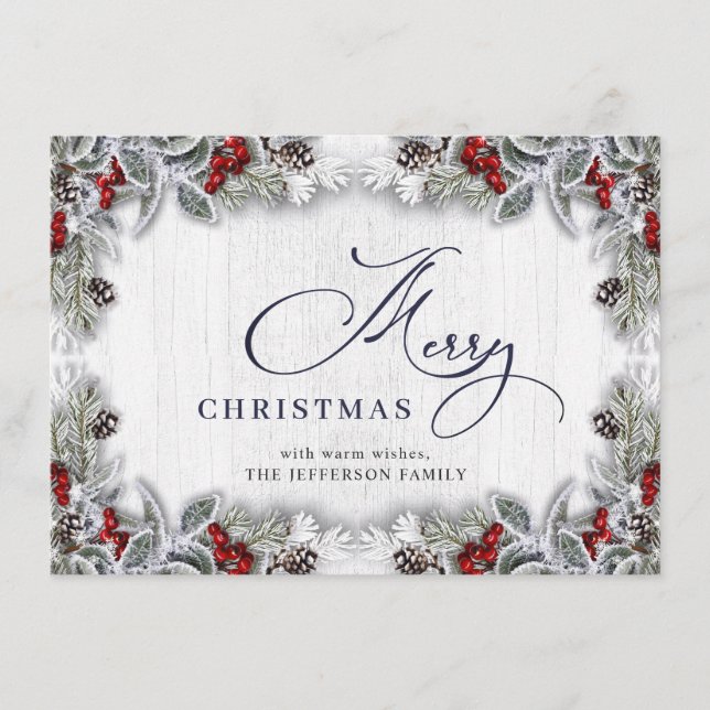 Christmas Holly Berry Pine Rustic Wood Greeting Holiday Card (Front)