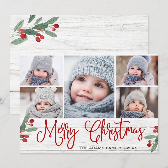 Christmas Holly Berry Rustic 5 PHOTO Greeting Card (Front/Back)
