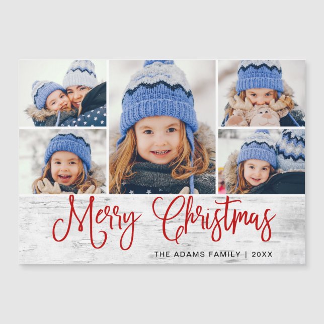 Christmas Holly Berry Rustic 5 PHOTO Magnetic Card (Front)