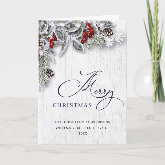 Christmas Holly Berry Rustic Corporate Greeting Holiday Card (Front)