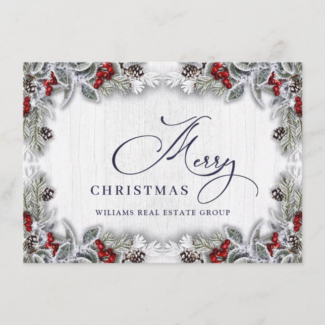 Christmas Holly Berry Rustic Corporate Greeting Holiday Card (Front)