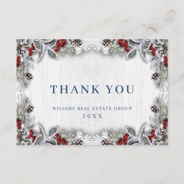Christmas Holly Berry Rustic Corporate Holiday Thank You Card (Front)