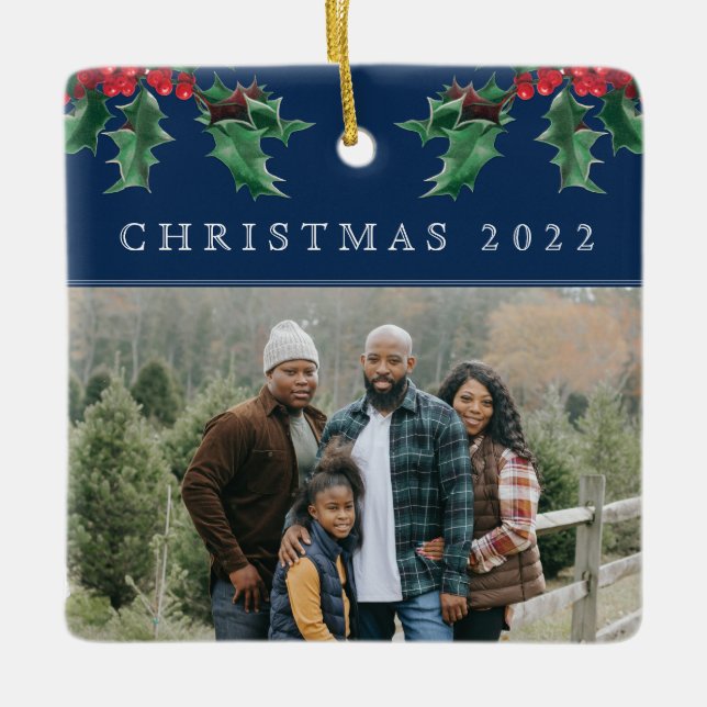 Christmas Holly Berry Simple Custom Photo Blue Ceramic Ornament (Front)