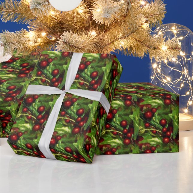 Christmas holly berry wrapping paper (Holidays)