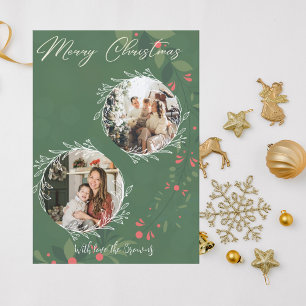 Christmas Holly Botanical Greenery 2 Photo Navy Holiday Card