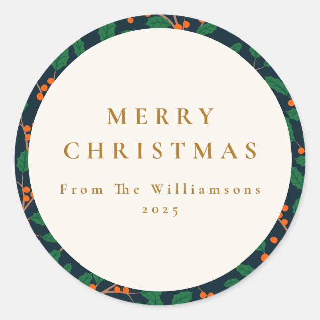 Christmas Holly Botanical Greenery Custom From  Classic Round Sticker (Front)