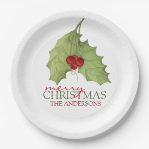 Christmas Holly Botanical Greenery Holiday Paper Plate