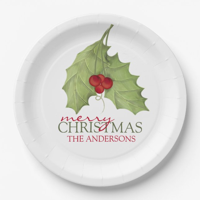 Christmas Holly Botanical Greenery Holiday Paper Plate (Front)