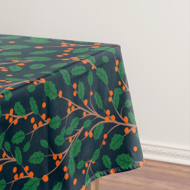 Christmas Holly Botanical Greenery Navy Blue Tablecloth (In Situ)