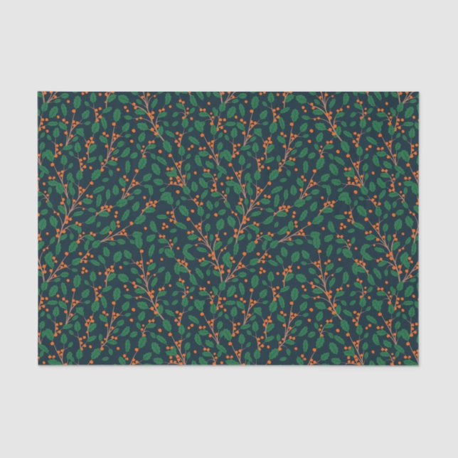 Christmas Holly Botanical Greenery Navy Tissue Paper (Front)