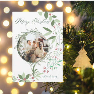 Christmas Holly Botanical Greenery Photo Navy  Enclosure Card