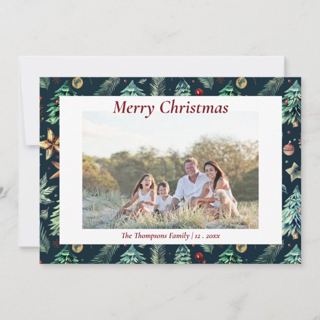 Christmas Holly Botanical Greenery Photo Navy   Holiday Card (Front)