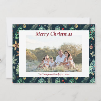 Christmas Holly Botanical Greenery Photo Navy Holiday Card