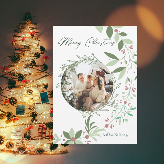 Christmas Holly Botanical Greenery Photo Navy  Invitation (Creator Uploaded)