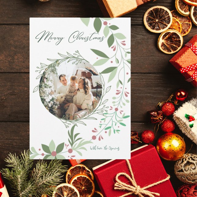 Christmas Holly Botanical Greenery Photo Navy  Thank You Card (Creator Uploaded)