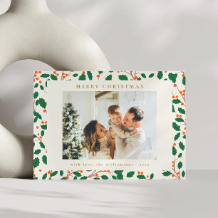 Christmas Holly Botanical Greenery Two Photo Retro Holiday Card