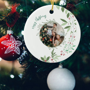 Christmas Holly Botanical Photo Navy  Ceramic Tree Decoration