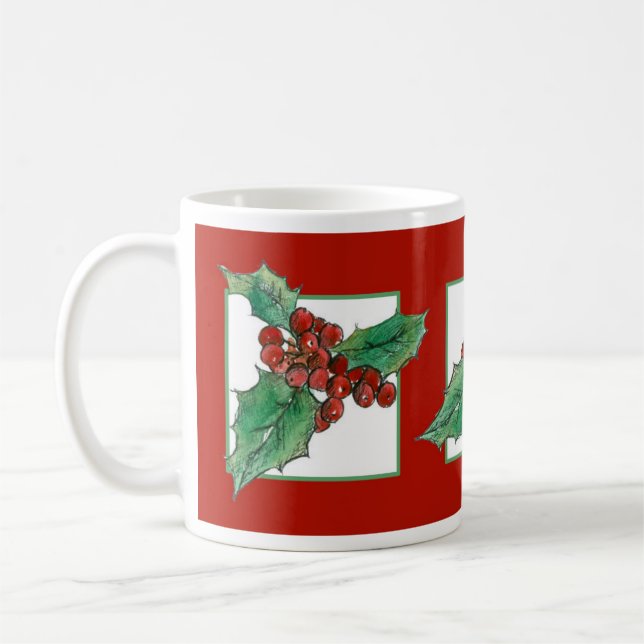 Christmas Holly Botanical Plant Drawing Red Coffee Mug (Left)