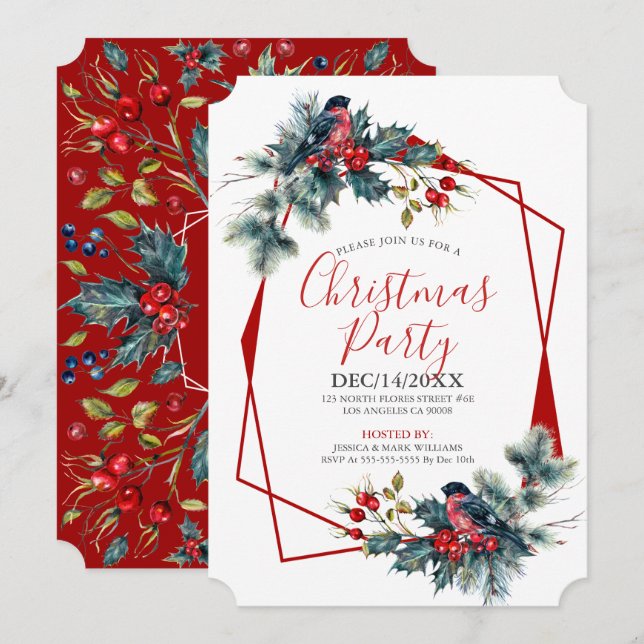 Christmas holly bouquet & bullfinch invitation (Front/Back)
