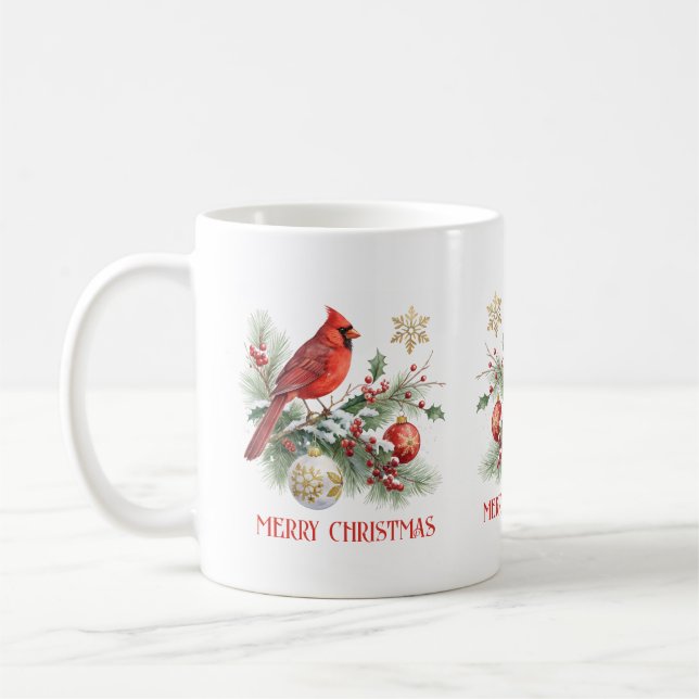Christmas Holly Bouquet Red Cardinal  Coffee Mug (Left)