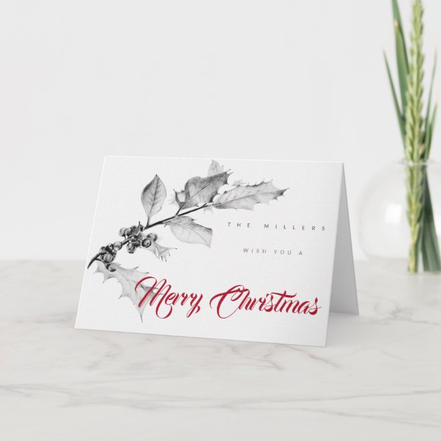 Christmas Holly Brach Pencil Art Drawing B & White Card (Front)
