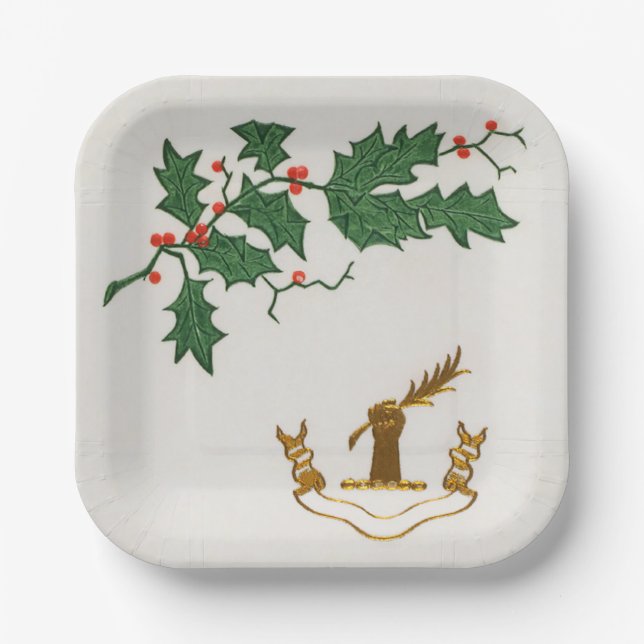 Christmas holly branch holiday  paper plate (Front)