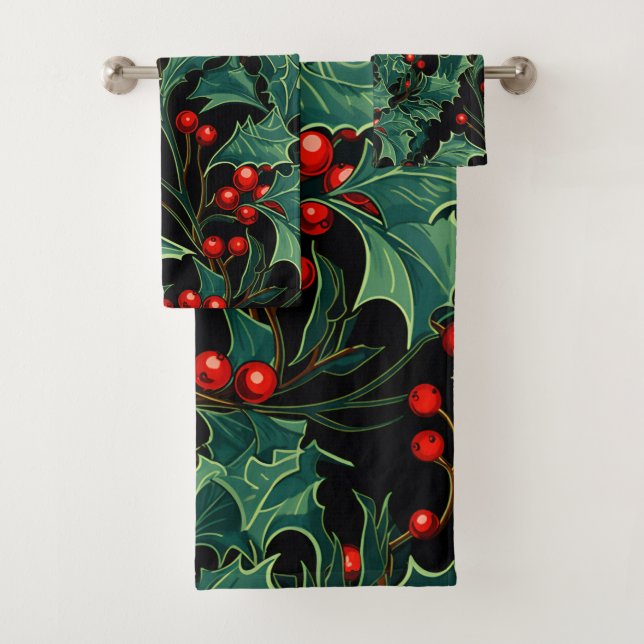 Christmas Holly Branches and Berries Bath Towel Set (Insitu)