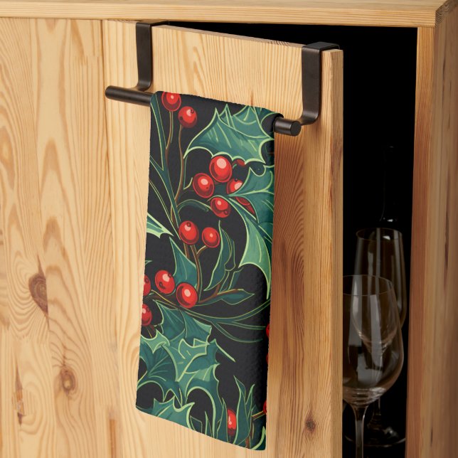 Christmas Holly Branches and Berries Tea Towel (Thirds Fold)