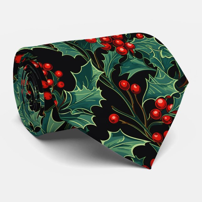 Christmas Holly Branches and Berries Tie (Rolled)