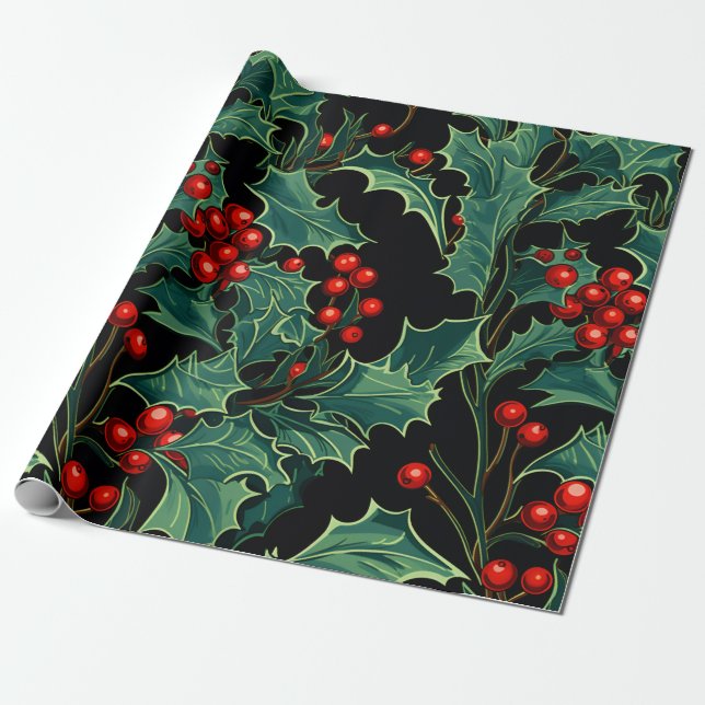Christmas Holly Branches and Berries Wrapping Paper (Unrolled)