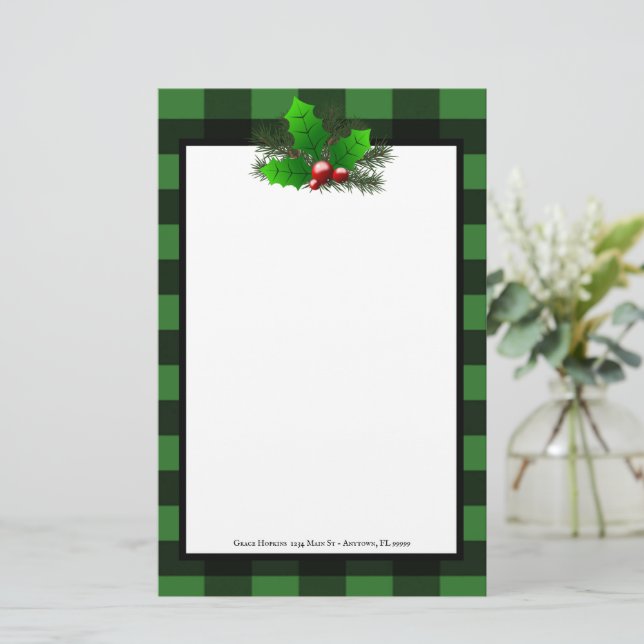 Christmas Holly Buffalo Plaid Personalised Paper (Standing Front)