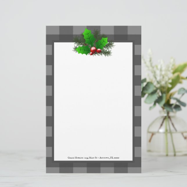 Christmas Holly Buffalo Plaid Personalised Paper (Standing Front)