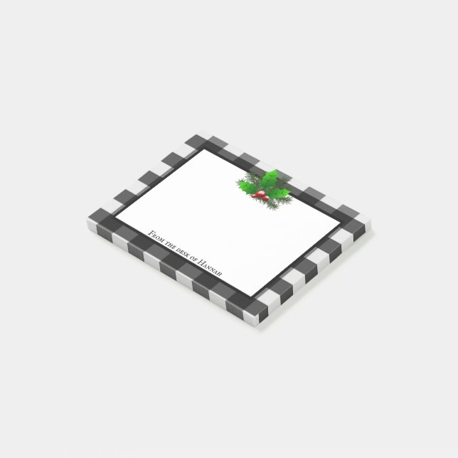 Christmas Holly Buffalo Plaid Personalised Post-it Notes (Angled)