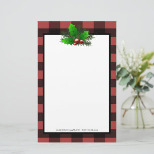 Christmas Holly Buffalo Plaid Personalised Stationery