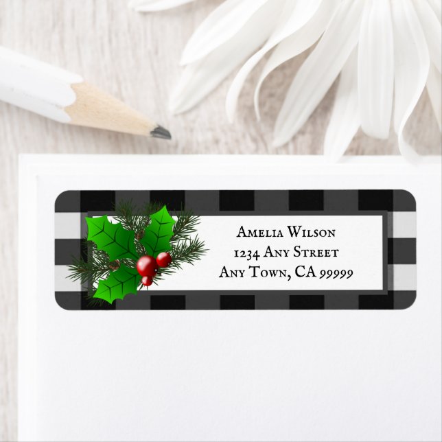 Christmas Holly Buffalo Plaid Return Address Label (Insitu)