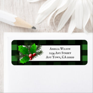 Christmas Holly Buffalo Plaid Return Address Label