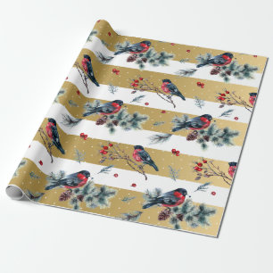 Christmas holly & bullfinch white & gold stripes wrapping paper