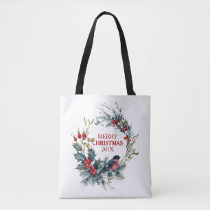 Christmas holly & bullfinch wreath tote bag