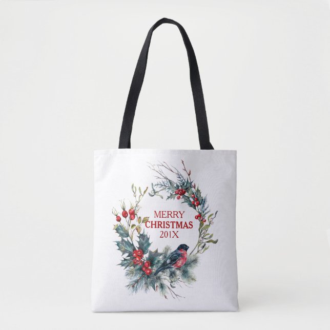 Christmas holly & bullfinch wreath tote bag (Front)