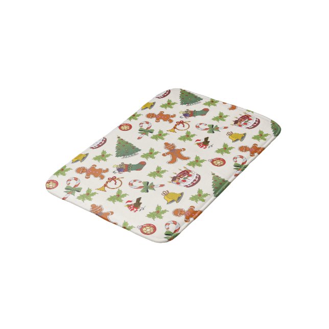 Christmas Holly,cake and Gingerbread Man Bath Mat (Angled)