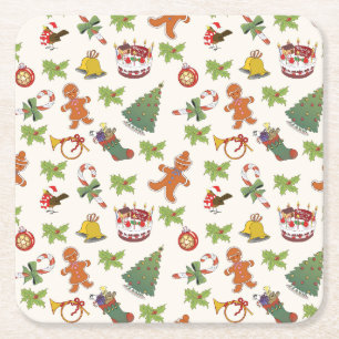 Christmas Holly,cake and Gingerbread Man Square Paper Coaster
