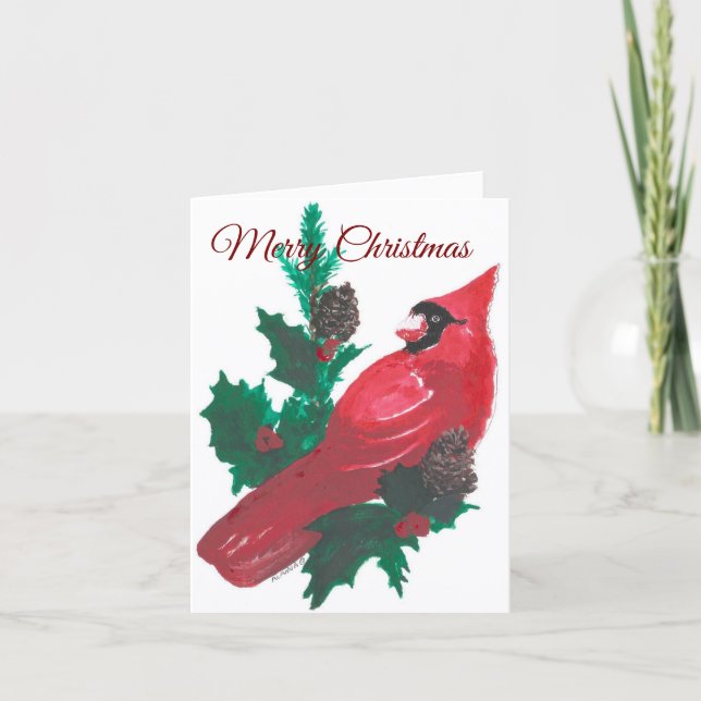 Christmas Holly & Cardinal Folded Holiday Card (Front)